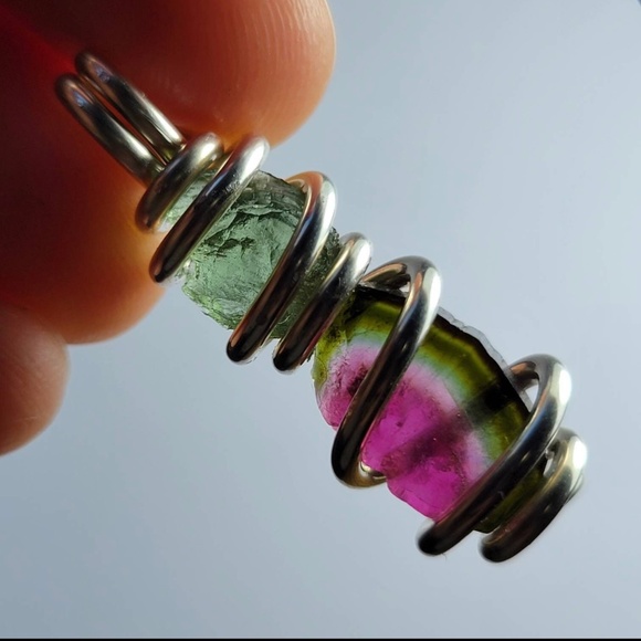 Moldavite & Watermelon Tourmaline Pendant - Picture 3 of 9